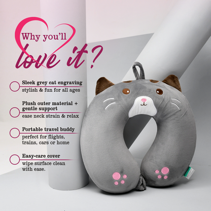 Memory Foam Grey Cat U Shaped Neck Pillow- 32 cm