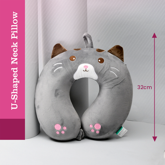 Memory Foam Grey Cat U Shaped Neck Pillow- 32 cm