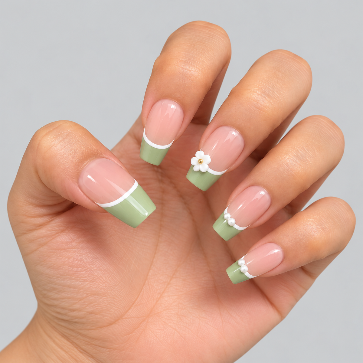 Press on Nail Wraps Set - Dancing Flower / Nude Beige &amp; Green