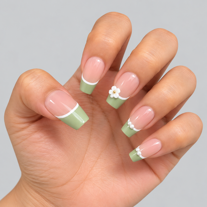 Press on Nail Wraps Set - Dancing Flower / Nude Beige &amp; Green