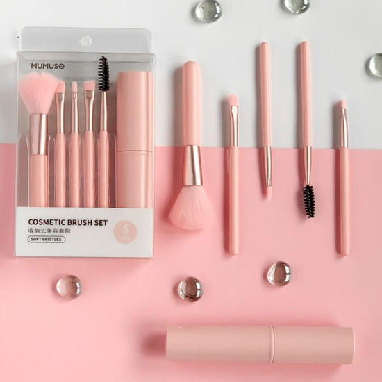 Pink Cosmetic Brush Set with Storage Case - Set of 5 Mumuso