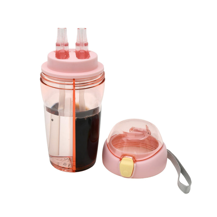 Portable Dual-Use Water Bottle with 2 Straws - Pink / 430 ml Mumuso