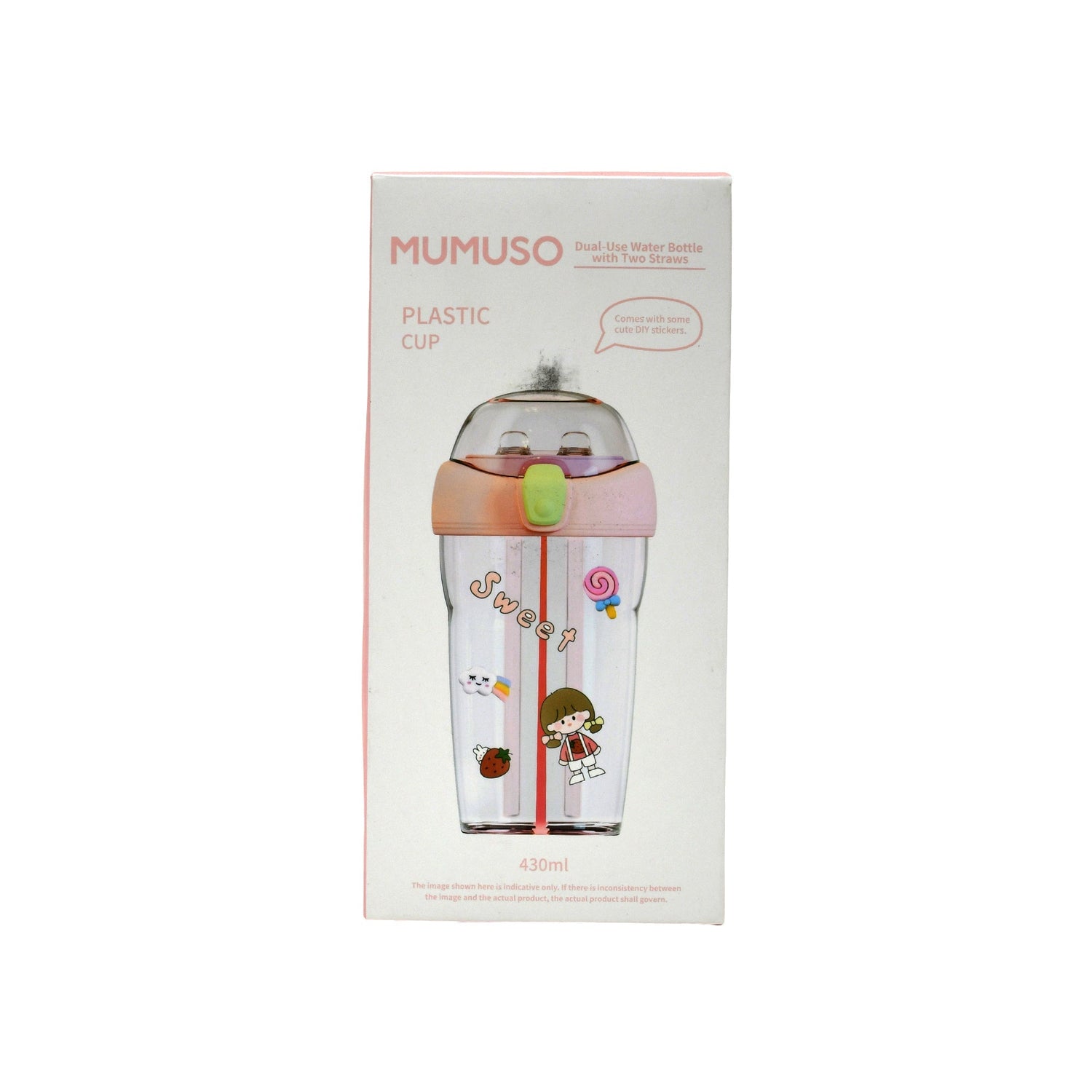 Portable Dual-Use Water Bottle with 2 Straws - Pink / 430 ml Mumuso