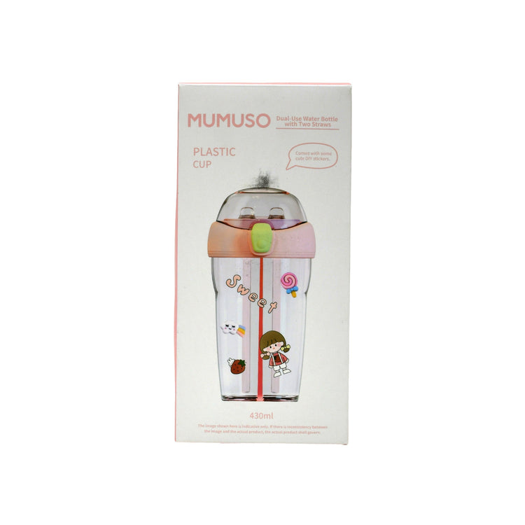 Portable Dual-Use Water Bottle with 2 Straws - Pink / 430 ml Mumuso