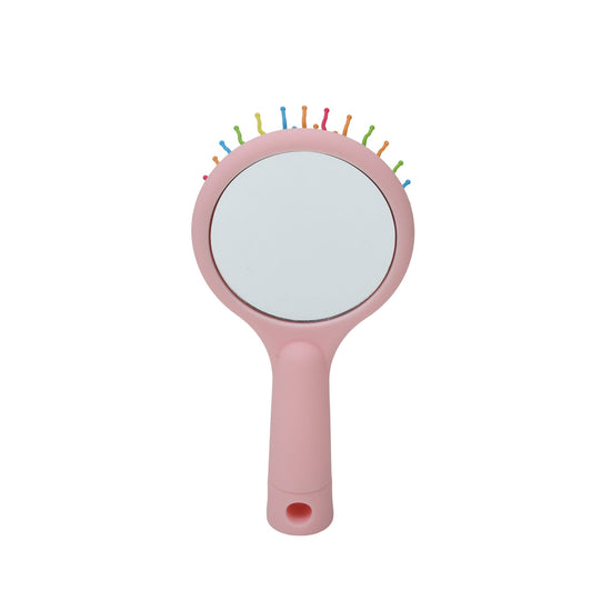 Rainbow bristle Hair Brush with Round Mirror- Pink Mumuso