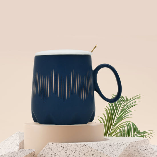 Stylish Blue and Gold Lines Ceramic Mug - Blue Mumuso