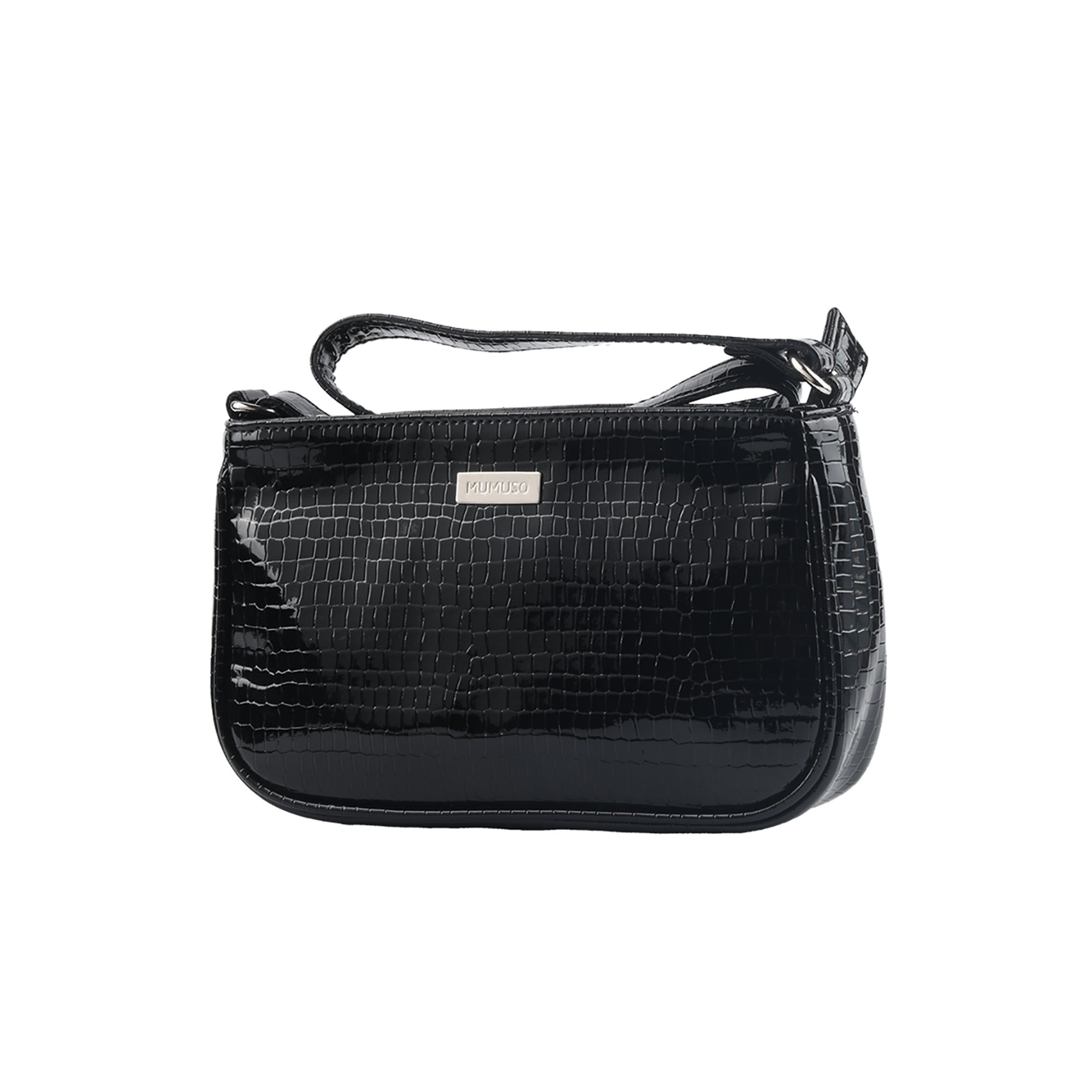 Glossy Croco-Pattern Baguette Bag - Black
