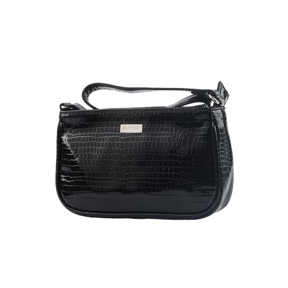 Glossy Croco-Pattern Baguette Bag - Black
