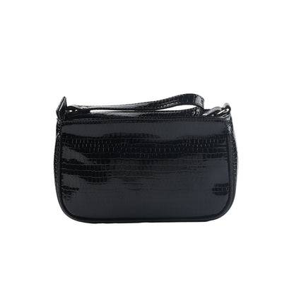 Glossy Croco-Pattern Baguette Bag - Black