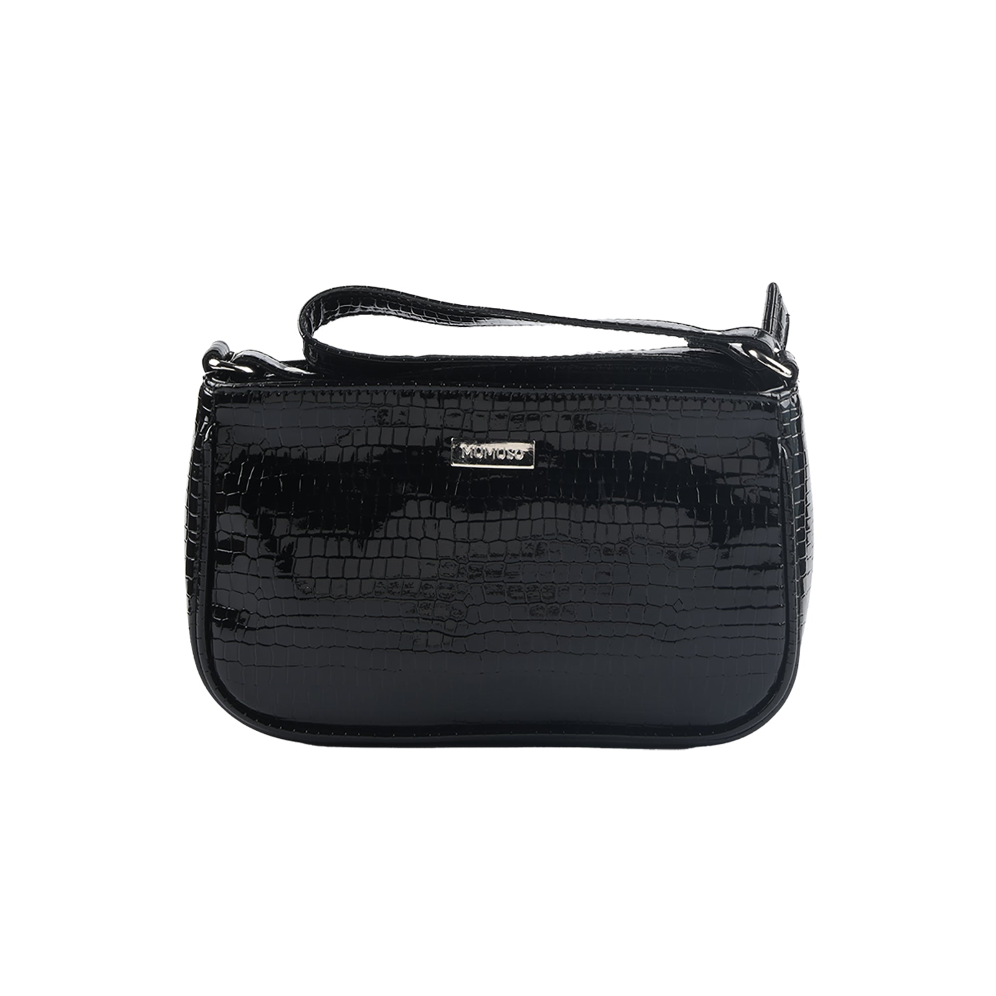 Glossy Croco-Pattern Baguette Bag - Black