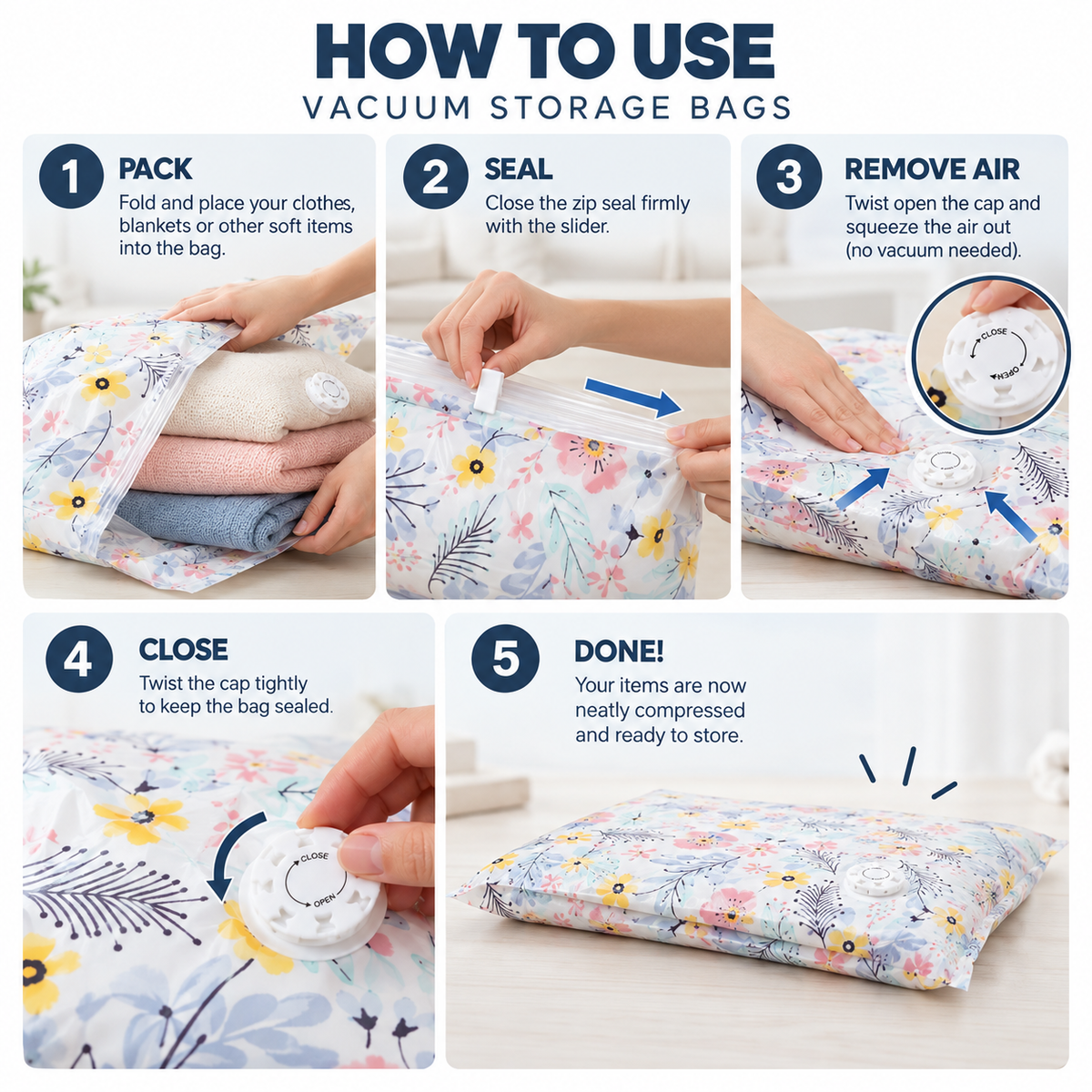 Self-Sealing Vacuum Storage Bag - Floral