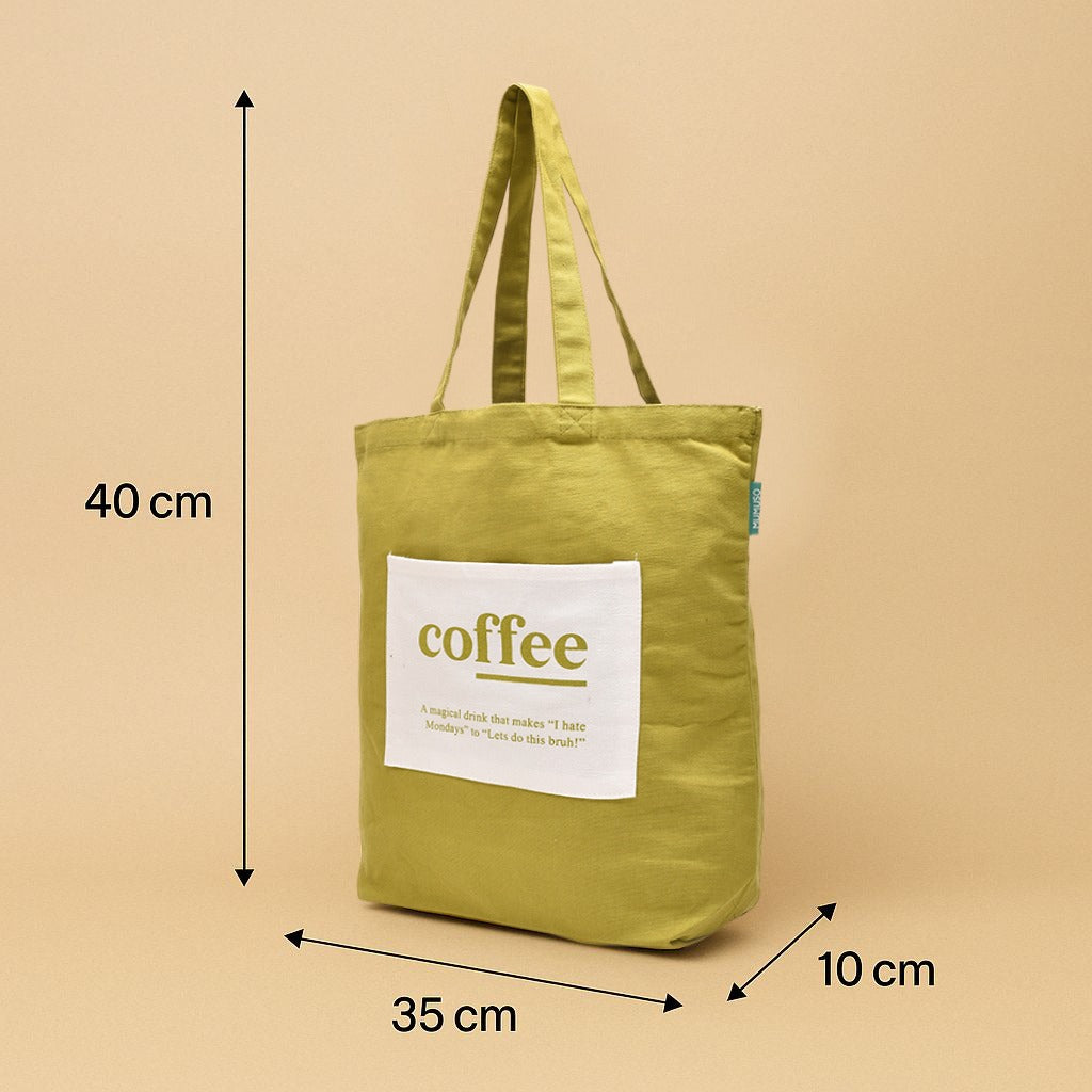 Mumuso Canvas &quot;Coffee&quot; Tote Bag -Olive Green