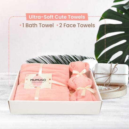 Ultra-Soft Cute Bear Towels Gift Box - Set of 3 / Pink