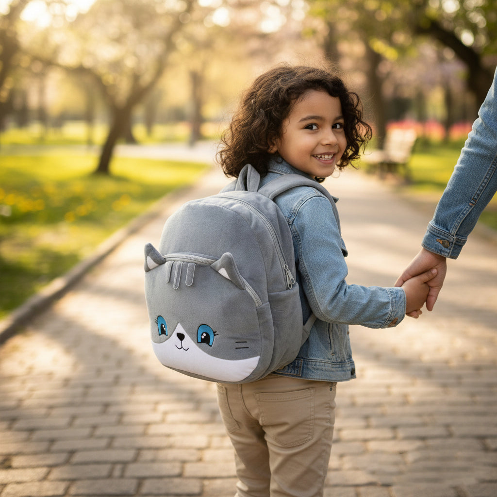 Mumuso Cute Cat Designed Plush Bag- Grey- 14in