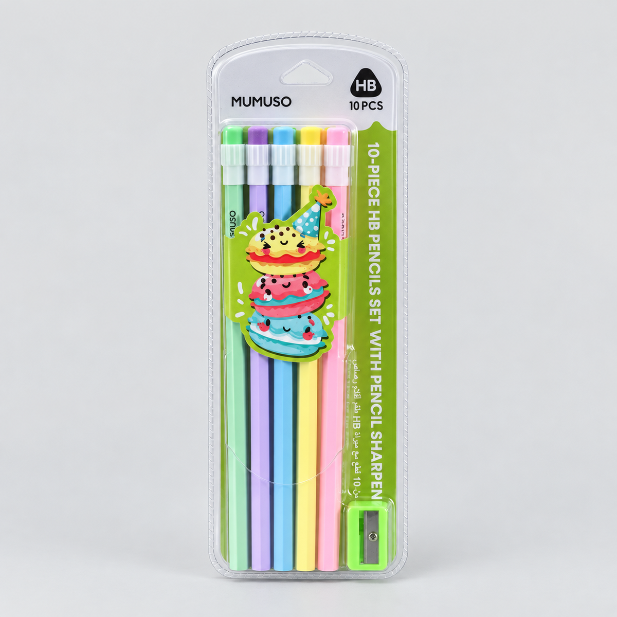 Multicoloured HB Pencil &amp; Green Sharpener Set - Pack of 10