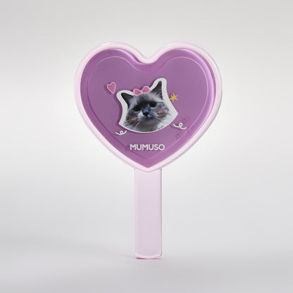 Cute Cat Heart-Shaped Handheld Mirror - Pink