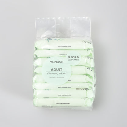 Adult Cleansing Wipes with Aloe Extract - Pack of 8 (80 pieces)