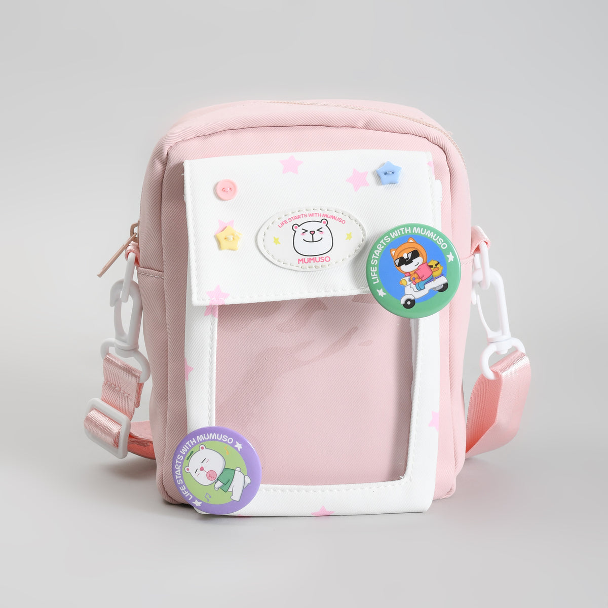 Mumuso All-Match Crossbody  Bag for Kids with Badges - Pink