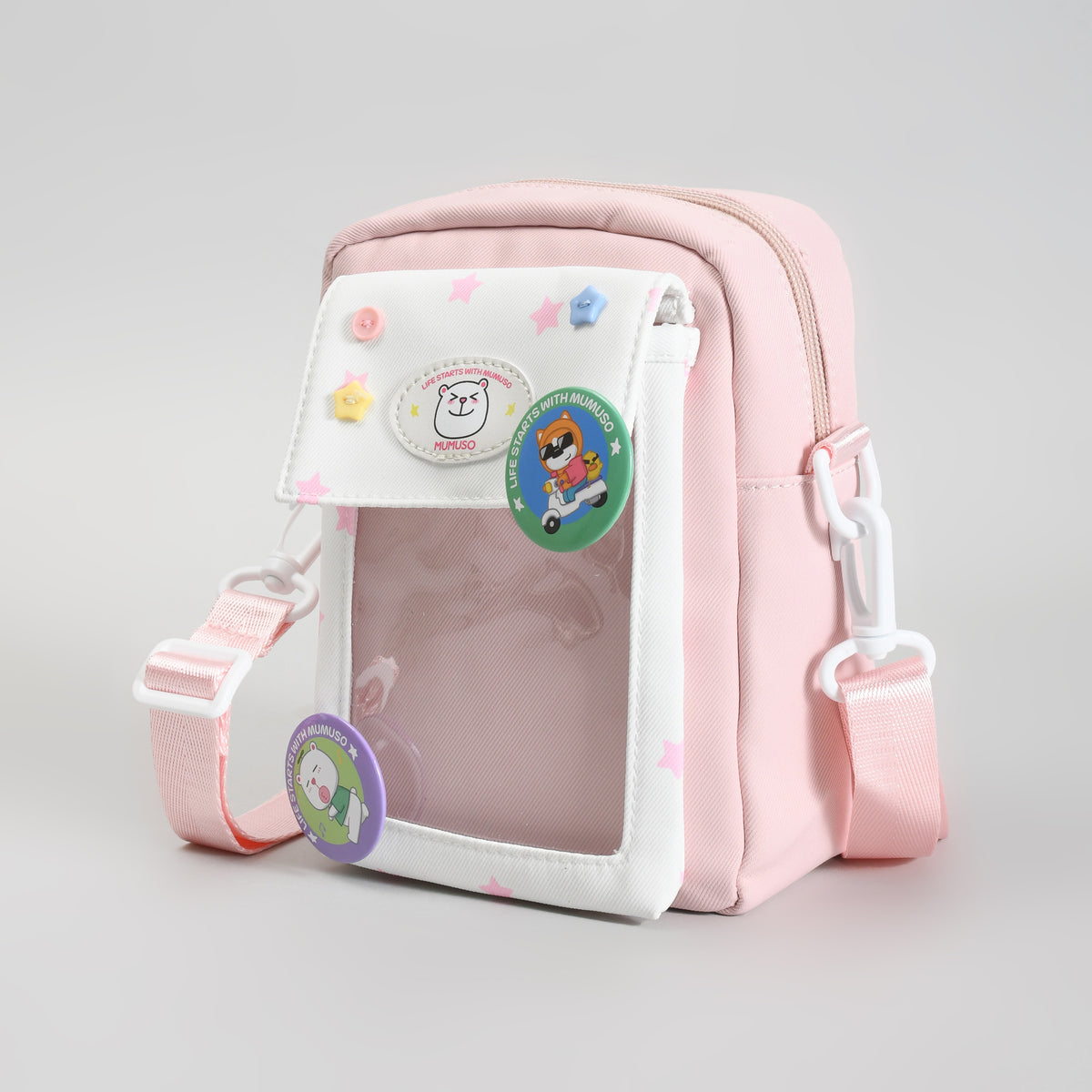 Mumuso All-Match Crossbody  Bag for Kids with Badges - Pink