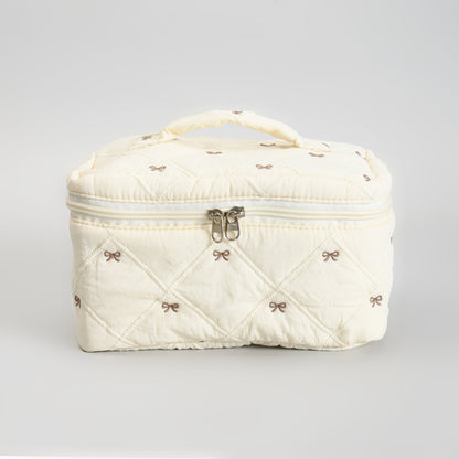 Cute Bow Quilted Makeup Bag – Portable Vanity Pouch with Handle -Beige