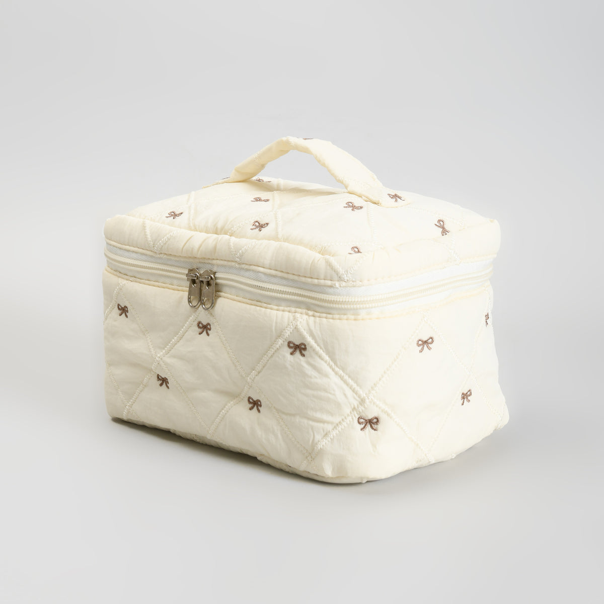Cute Bow Quilted Makeup Bag – Portable Vanity Pouch with Handle -Beige