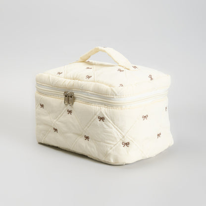 Cute Bow Quilted Makeup Bag – Portable Vanity Pouch with Handle -Beige