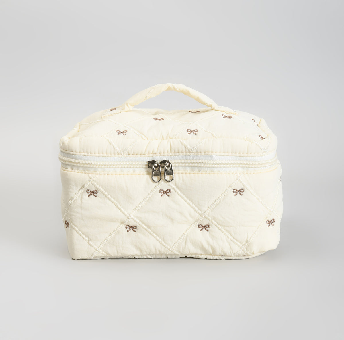 Cute Bow Quilted Makeup Bag – Portable Vanity Pouch with Handle -Beige