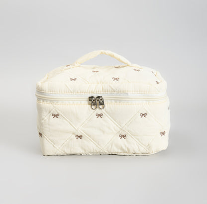 Cute Bow Quilted Makeup Bag – Portable Vanity Pouch with Handle -Beige