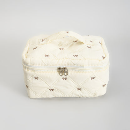 Cute Bow Quilted Makeup Bag – Portable Vanity Pouch with Handle -Beige