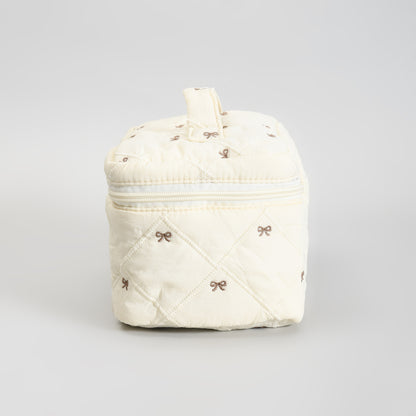 Cute Bow Quilted Makeup Bag – Portable Vanity Pouch with Handle -Beige