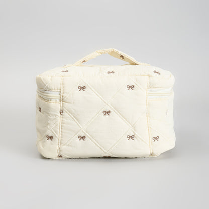 Cute Bow Quilted Makeup Bag – Portable Vanity Pouch with Handle -Beige