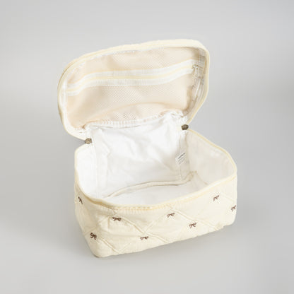 Cute Bow Quilted Makeup Bag – Portable Vanity Pouch with Handle -Beige