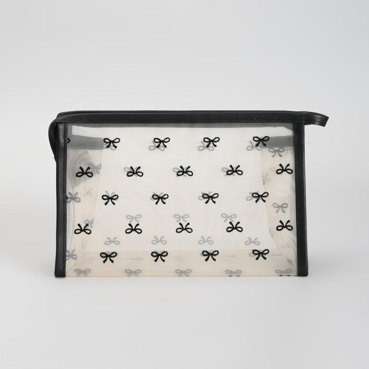 Mumuso Cute Bow Print Mesh Makeup Pouch – See-Through Cosmetic Bag- Black/ Beige