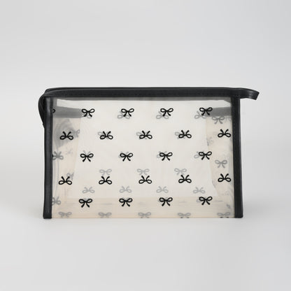 Mumuso Cute Bow Print Mesh Makeup Pouch – See-Through Cosmetic Bag- Black/ Beige