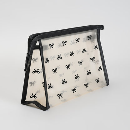 Mumuso Cute Bow Print Mesh Makeup Pouch – See-Through Cosmetic Bag- Black/ Beige