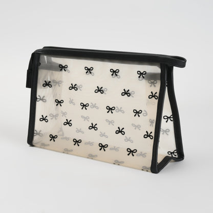 Mumuso Cute Bow Print Mesh Makeup Pouch – See-Through Cosmetic Bag- Black/ Beige