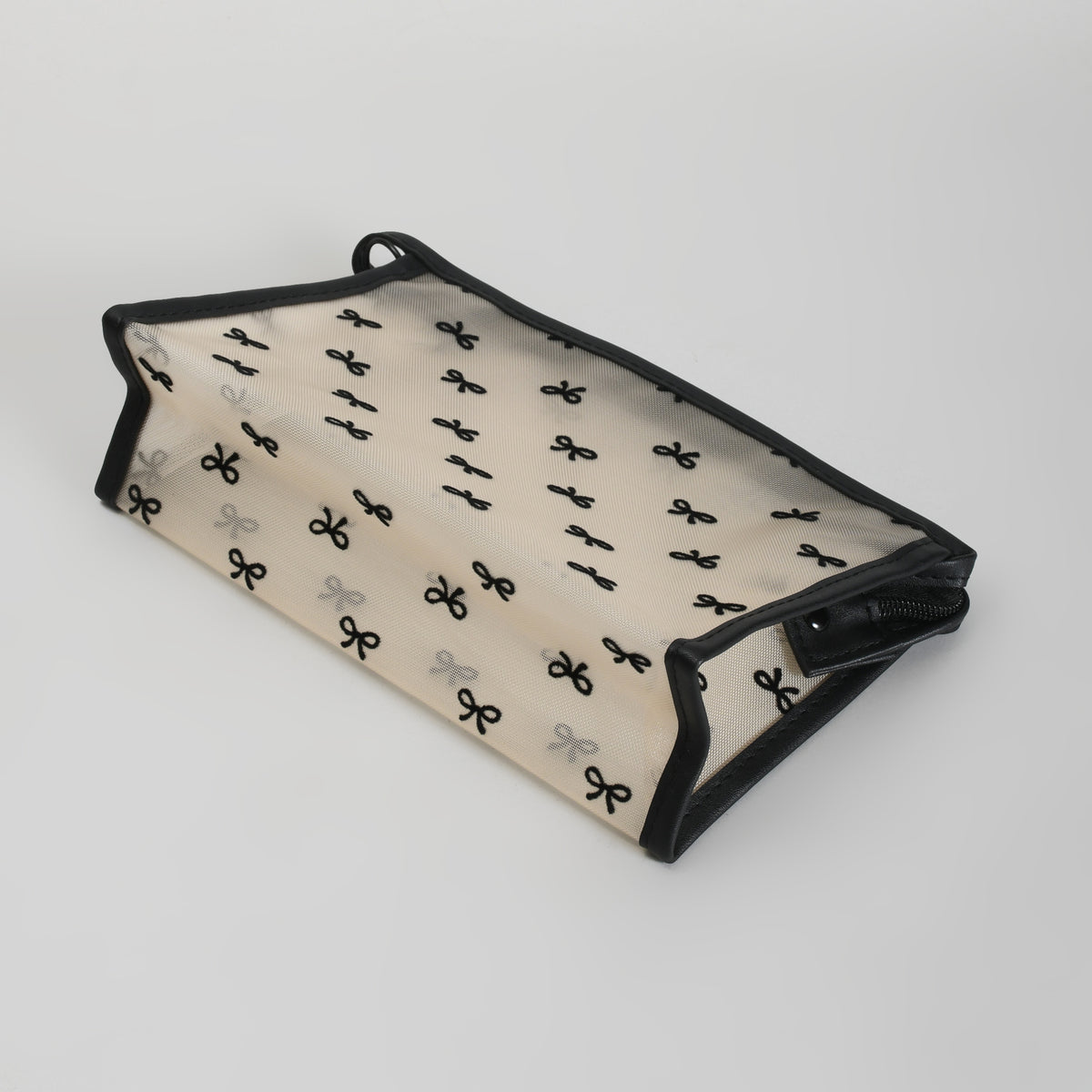 Mumuso Cute Bow Print Mesh Makeup Pouch – See-Through Cosmetic Bag- Black/ Beige