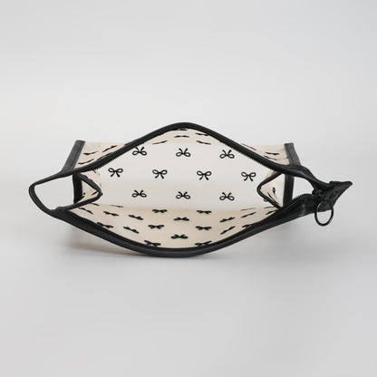 Mumuso Cute Bow Print Mesh Makeup Pouch – See-Through Cosmetic Bag- Black/ Beige