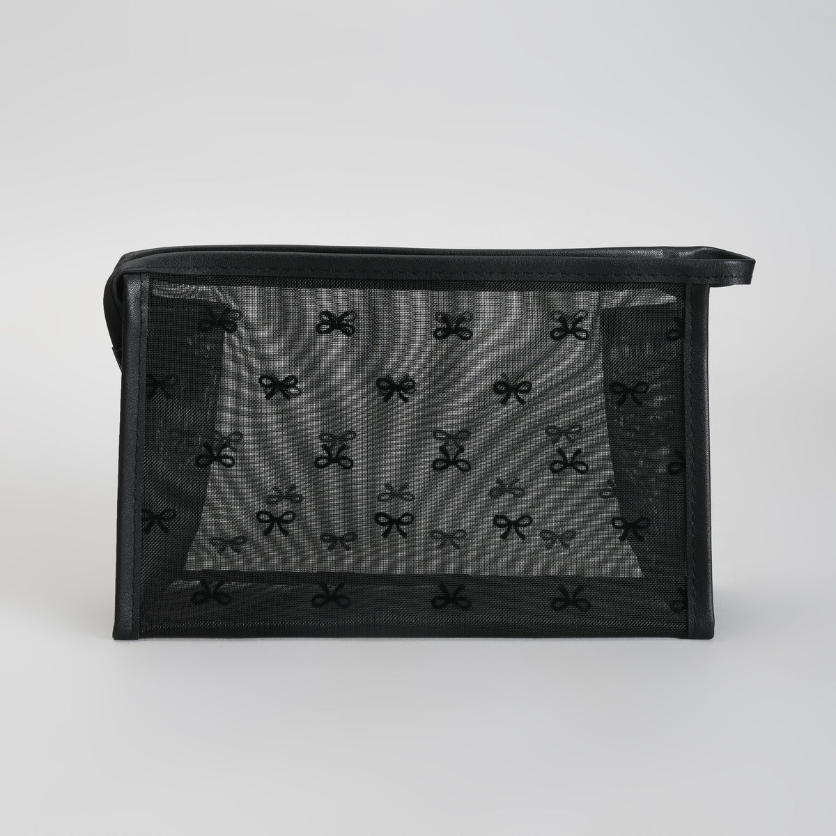 Mumuso Cute Bow Print Mesh Makeup Pouch – See-Through Cosmetic Bag- Black/ Beige