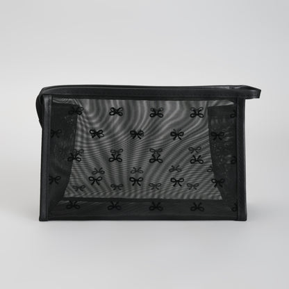 Mumuso Cute Bow Print Mesh Makeup Pouch – See-Through Cosmetic Bag- Black/ Beige