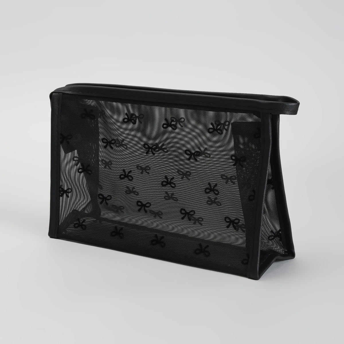 Mumuso Cute Bow Print Mesh Makeup Pouch – See-Through Cosmetic Bag- Black/ Beige