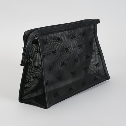 Mumuso Cute Bow Print Mesh Makeup Pouch – See-Through Cosmetic Bag- Black/ Beige