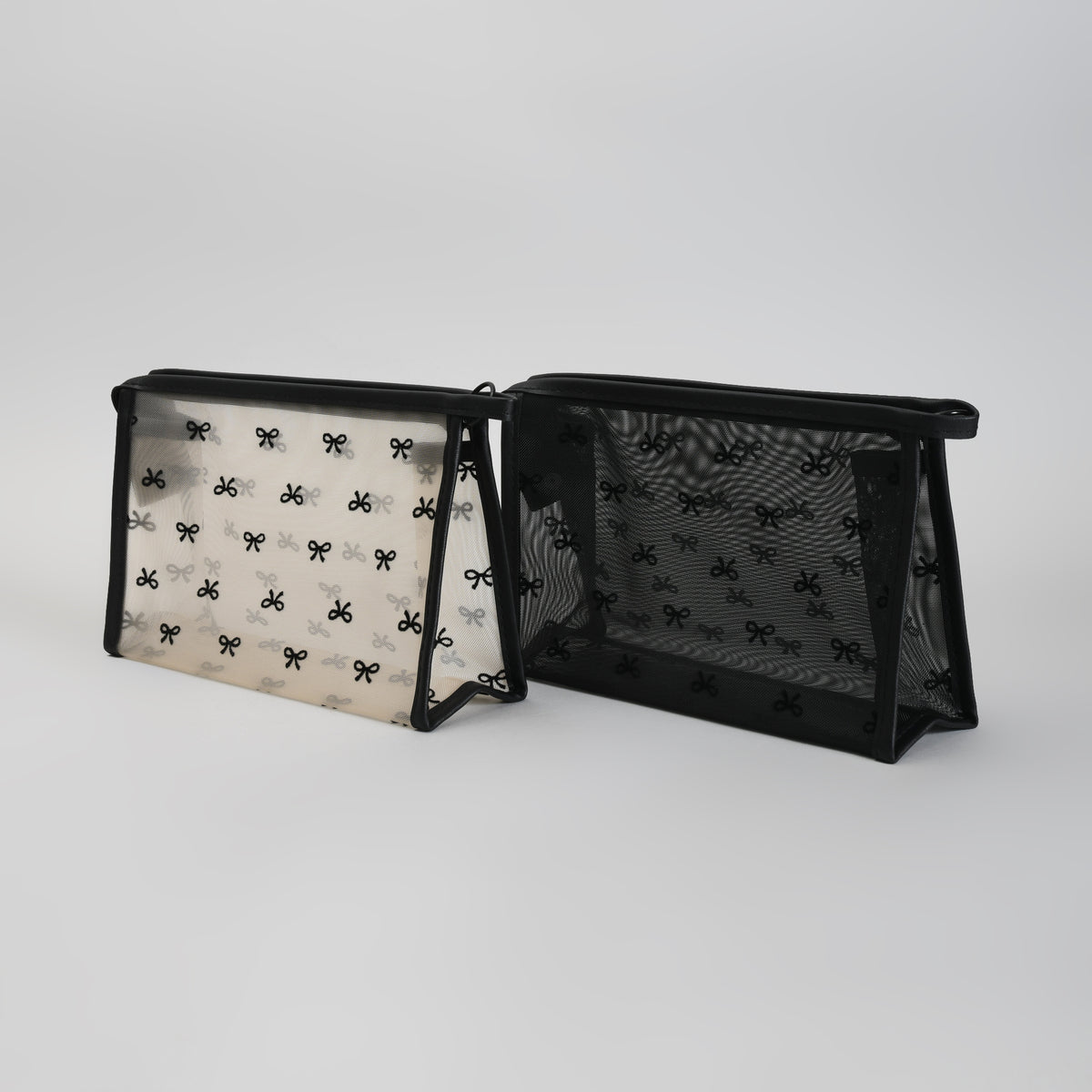 Mumuso Cute Bow Print Mesh Makeup Pouch – See-Through Cosmetic Bag- Black/ Beige