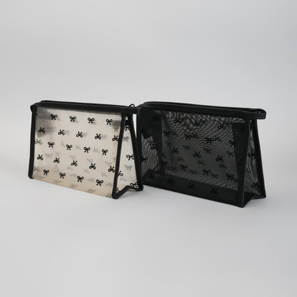 Mumuso Cute Bow Print Mesh Makeup Pouch – See-Through Cosmetic Bag- Black/ Beige