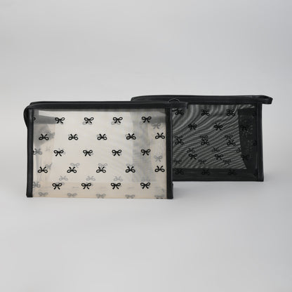 Mumuso Cute Bow Print Mesh Makeup Pouch – See-Through Cosmetic Bag- Black/ Beige