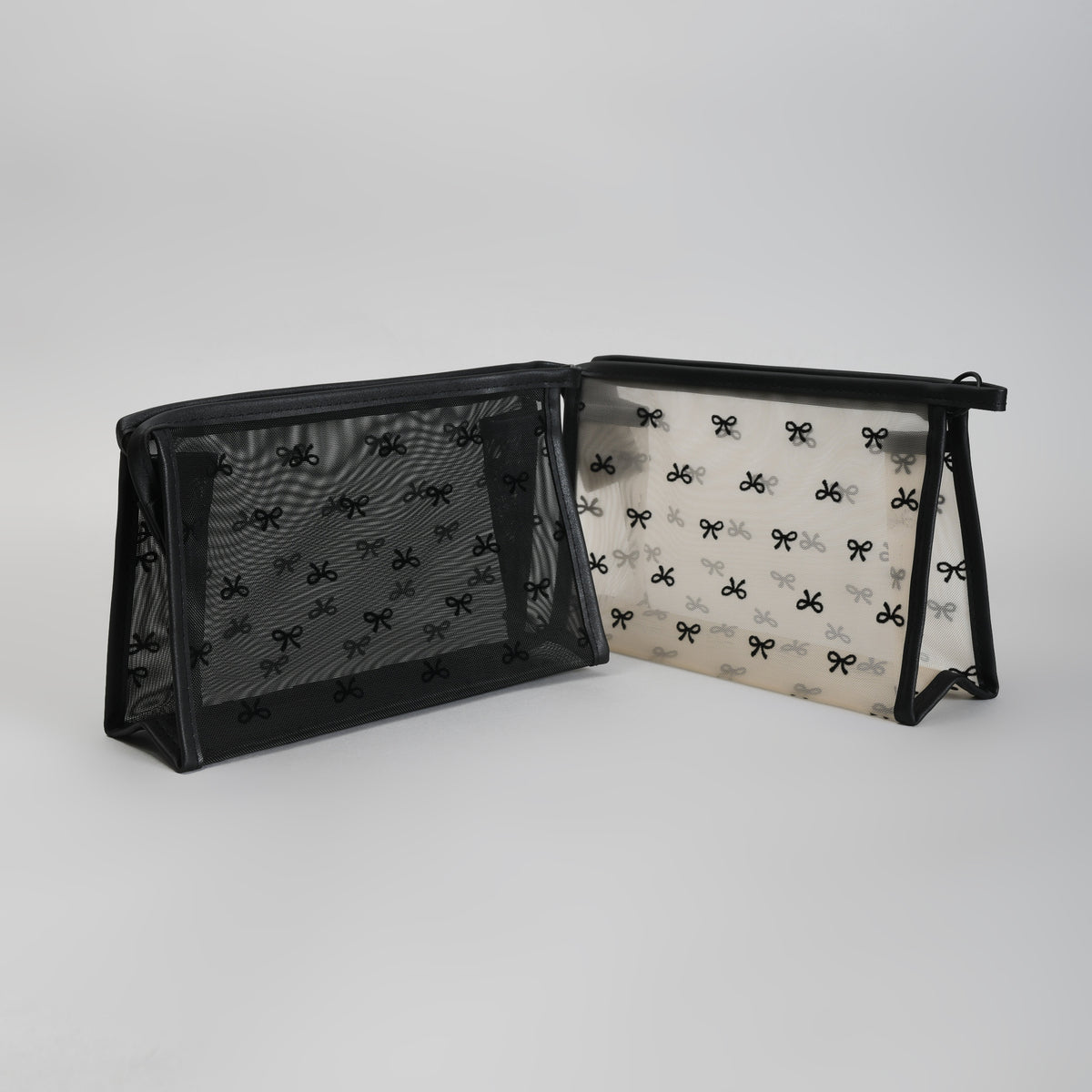 Mumuso Cute Bow Print Mesh Makeup Pouch – See-Through Cosmetic Bag- Black/ Beige