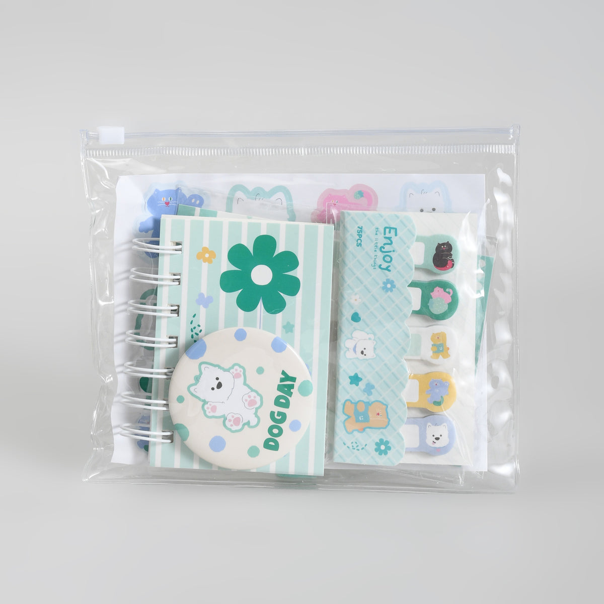 Mumuso Mini 5-Piece Stationery kit with PVC Zip Bag - Duoduo &amp; Mimi (Green)