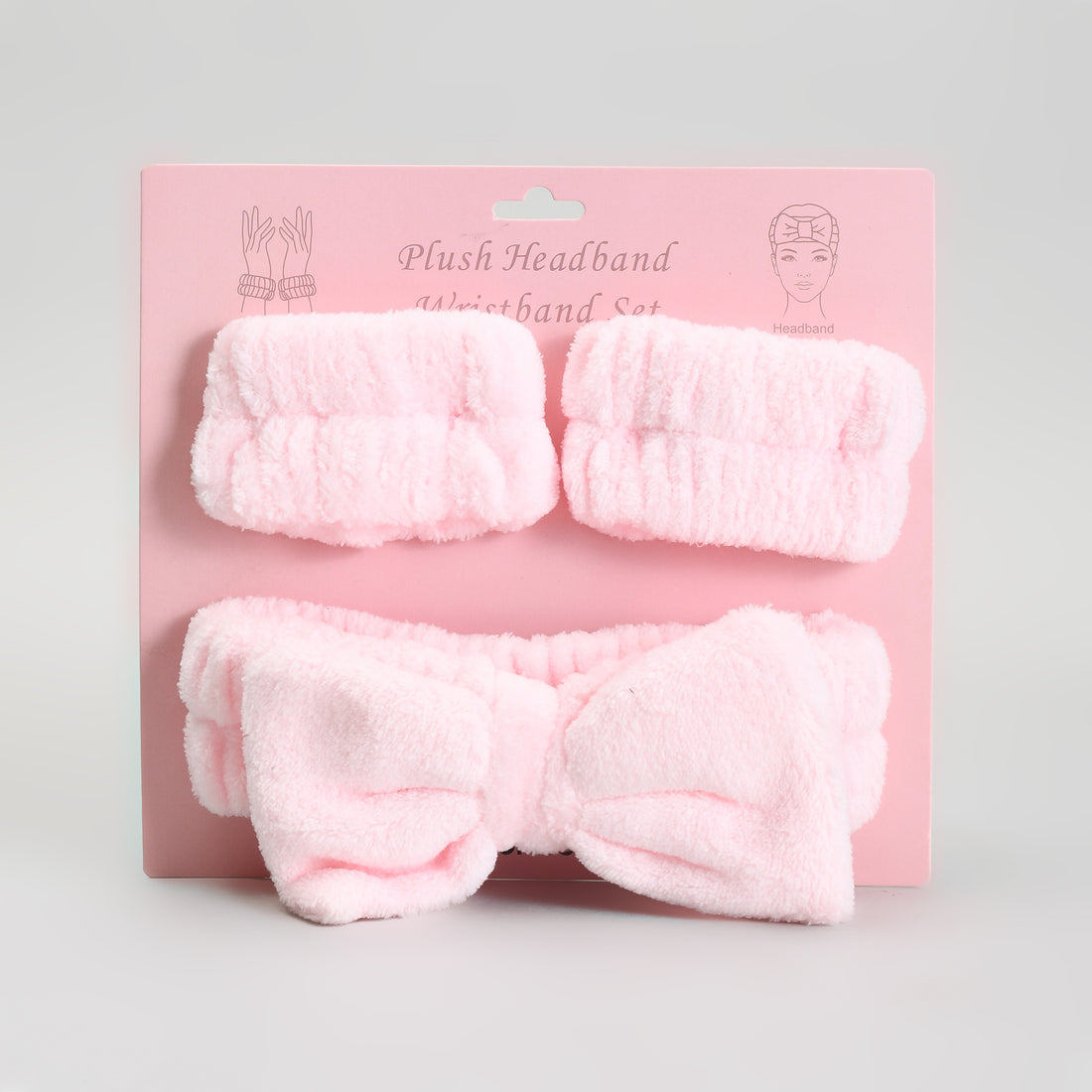 Bow Spa Headband &amp; Wristband Set – Pink Plush Skincare Headband
