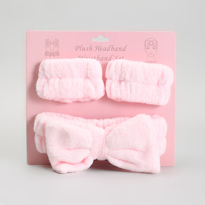Bow Spa Headband &amp; Wristband Set – Pink Plush Skincare Headband