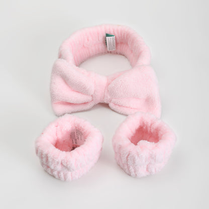 Bow Spa Headband &amp; Wristband Set – Pink Plush Skincare Headband